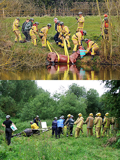 Photo split in half showing a training exercise and the actual rescue, the photos are very similar