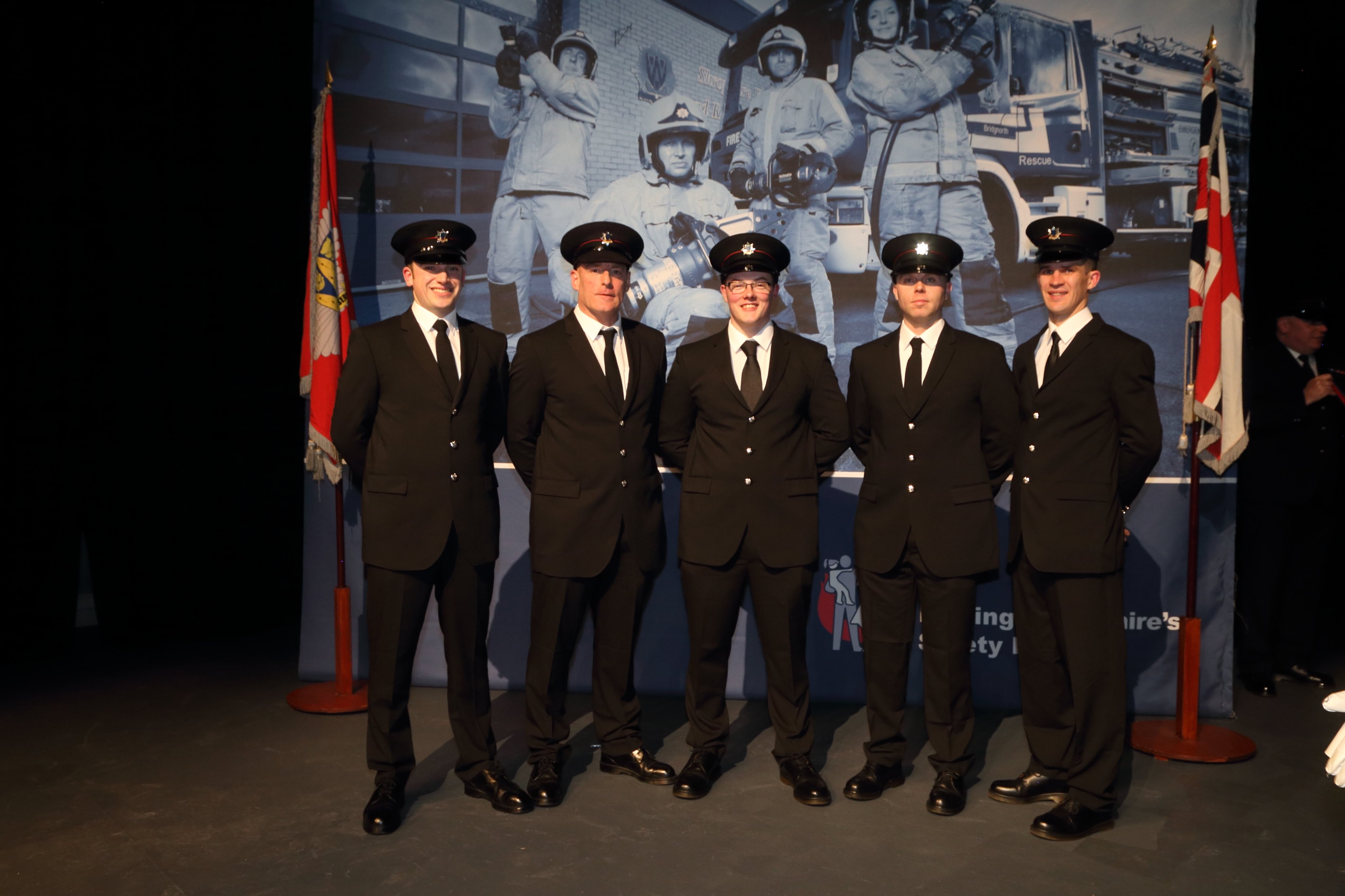 Survival instructor Ryan Talbot, Furrows Master Technician Glenn Wheatley, Furrows commercial services advisor Christopher Smith, accounts analyst Ian Morgan and rose breeder Arunas Balsys are based at Wellington and Tweedale fire stations in Telford