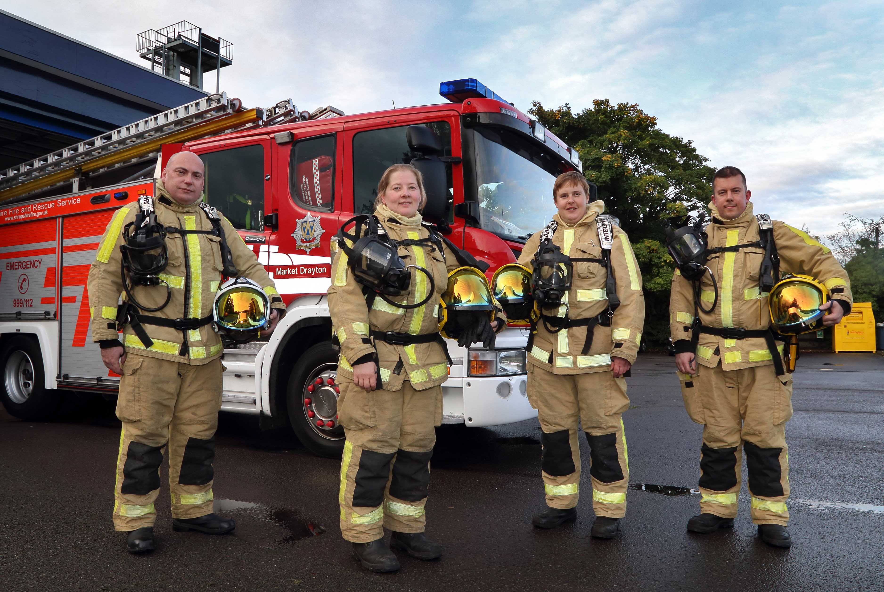 The same line up but without breathing apparatus: Market Drayton Fire Station’s Watch Manager Mark Smith with firefighters Sarah Cartwright, Sally Eynon, who is working towards becoming a crew manager, and firefighter Leon Turner.