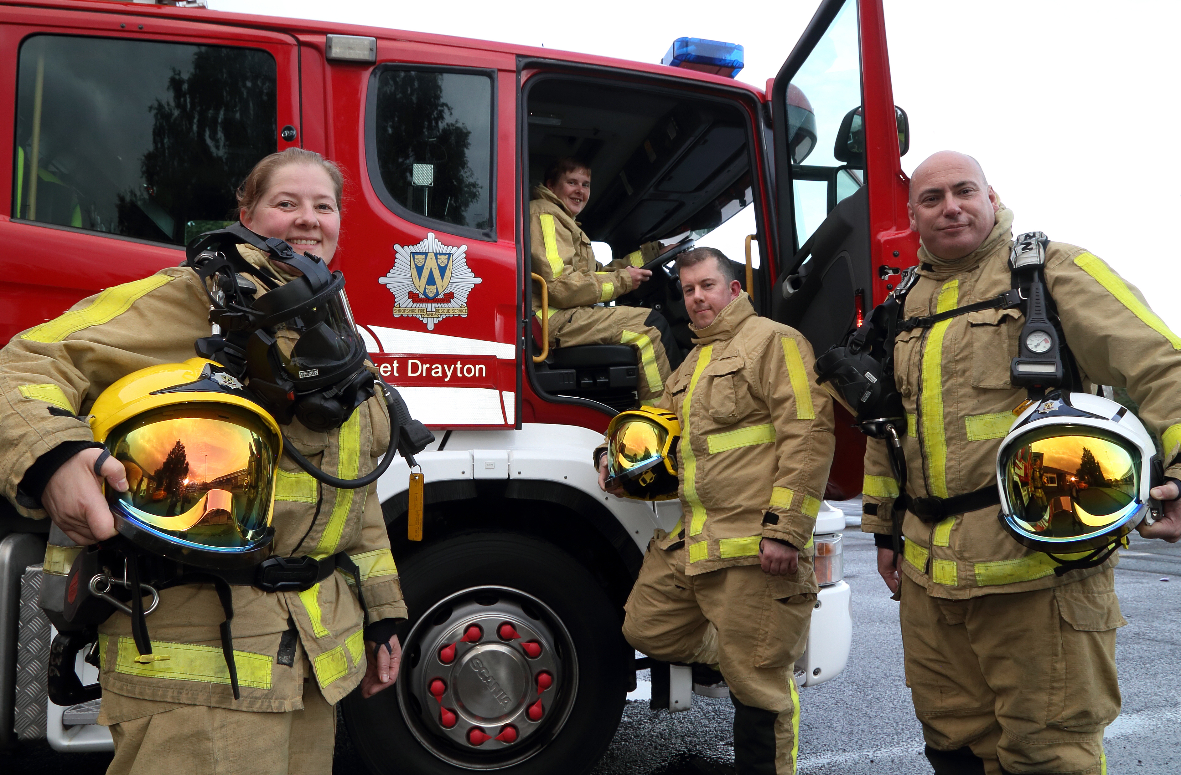 Firefighters Sarah Cartwright, Sally Eynon, Leon Turner and Mark Smith at Market Drayton Fire Station.
