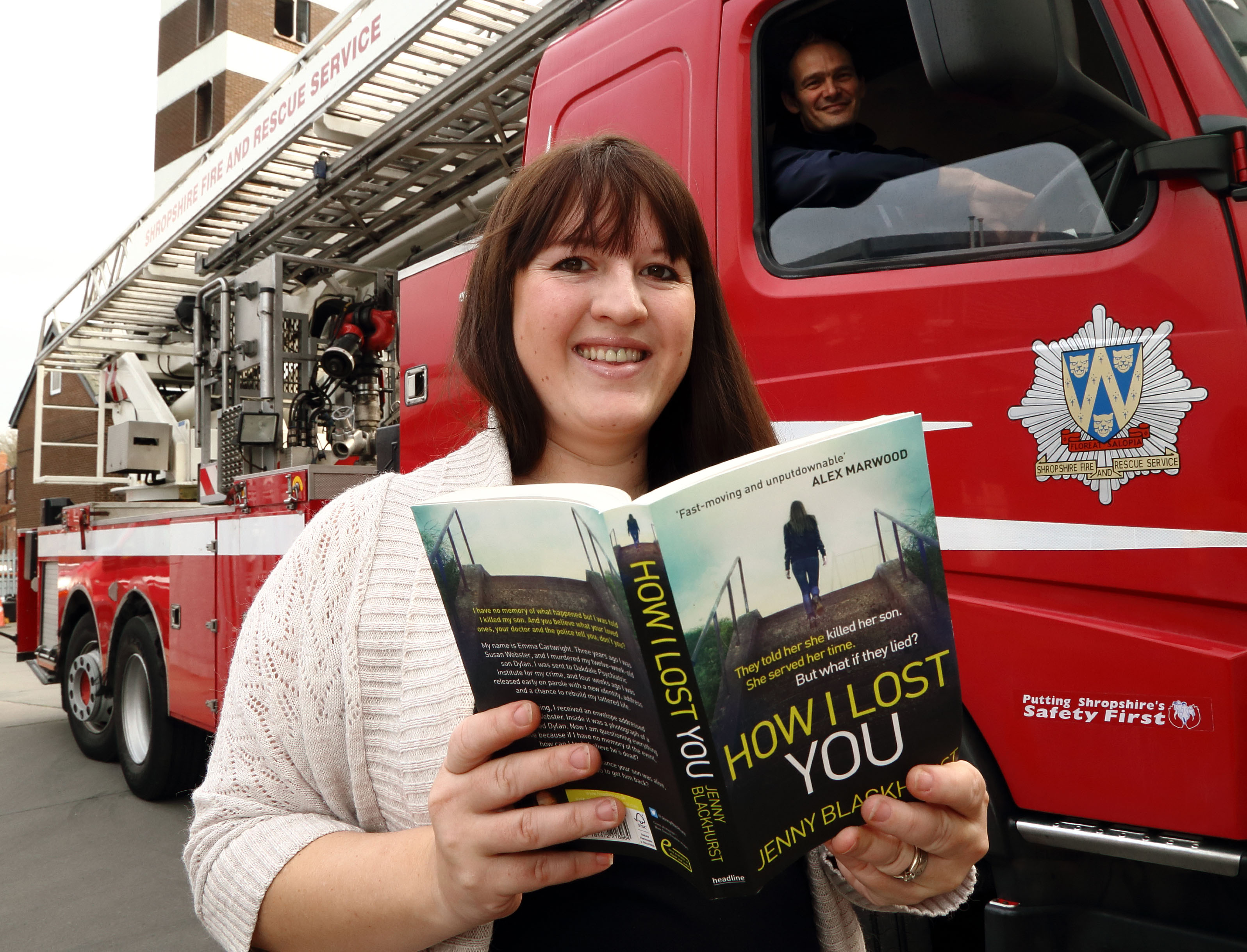 A sure fire hit: Author Jenny Blackhurst with John Robinson, of blue watch at Shrewsbury fire HQ