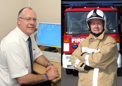 Split pic, with Steve in his office on the left and in fire kit at the station on the right