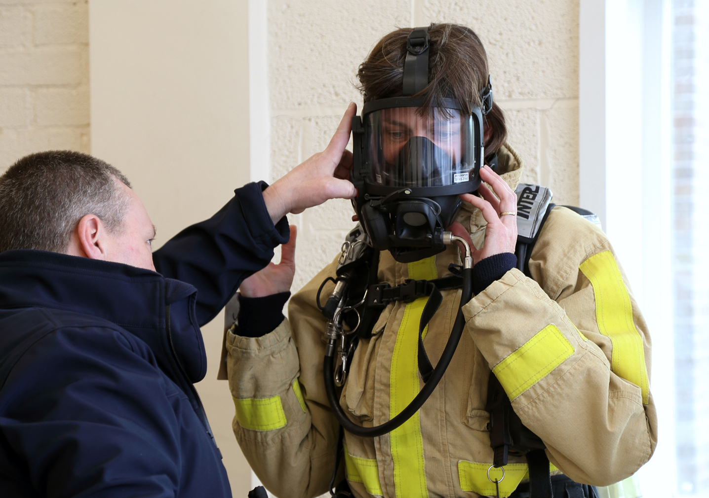 Trying out the breathing apparatus is Victoria Butt