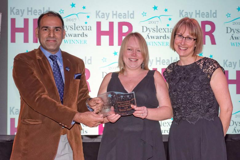 Muhammad Younis and Laura Kavanagh-Jones, of Shropshire Fire and Rescue Service, receive the award from Kay Heald at the Dyslexia Awards 2017 ceremony  Image: ©Infocus Photography – Michael Wilkinson 2017