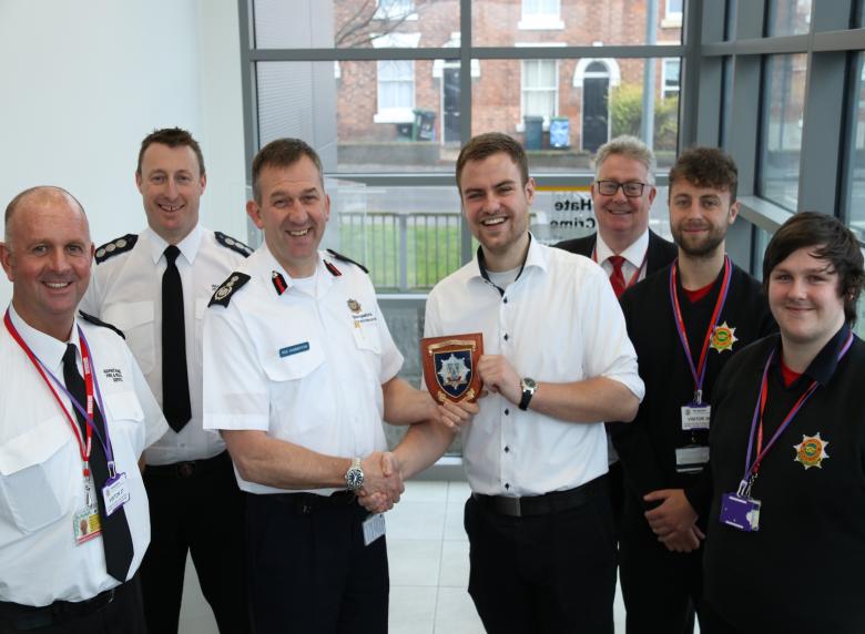 Shropshire’s Chief Fire Officer Rod Hammerton (centre) presents a plaque to Danish intern Andreas Sorgensen with Warwickshire Watch Commander Paul Whittaker and Station Commander John Wilson (both left) and Staffordshire’s Learning and Development team Tim Wareham, Jack Burton and Tom Griffiths.  