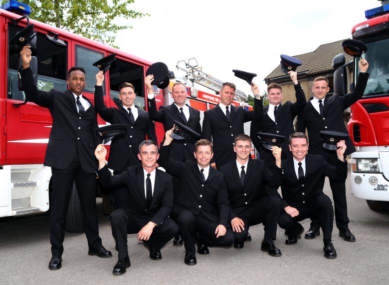 Hats off to the new recruits at Shropshire Fire and Rescue Service : left to right (back row): Leonardo Silva, Alec Wright, Paul Barlow, James Fisher, Ricky Dumbrell, Ryan Talbot          (front row): Gary Evans, John Pullen, Mark Bishton and Alex Mason