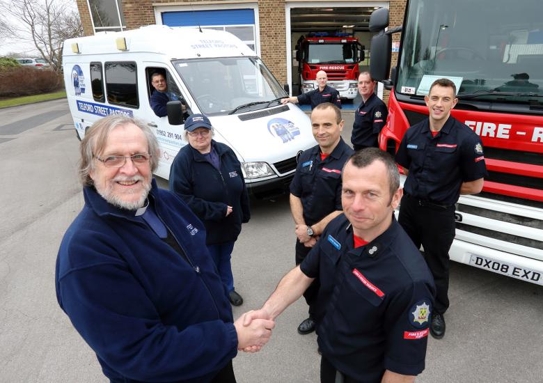 It was a big thank you to Wellington firefighters for saving the Telford Street Pastors van, after a fire, from Rev Keith Osmund-Smith with Watch Manager Darren Salvoni and crew from Green Watch.