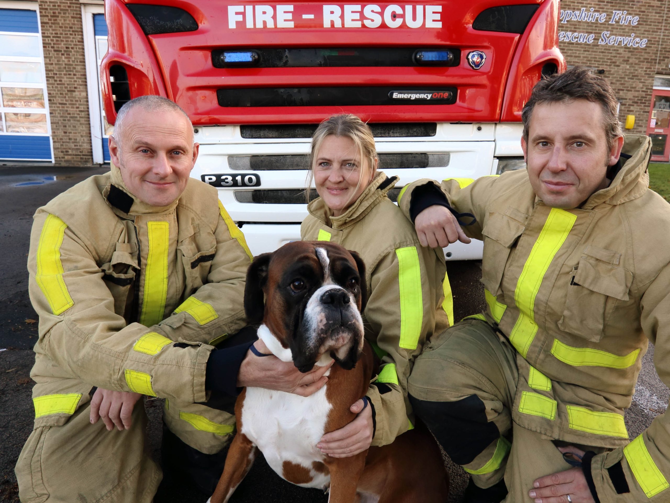 Ralph the Boxer dog with White Watch at Wellington Fire Station. Pictured with firefighters Stuart Page, Jenni Cranage and Tim Whitehouse.