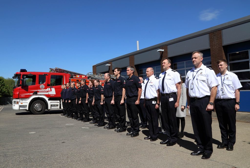 Officers and firefighters’ at the Firefighters’ Memorial Day tribute at Shrewsbury fire HQ.
