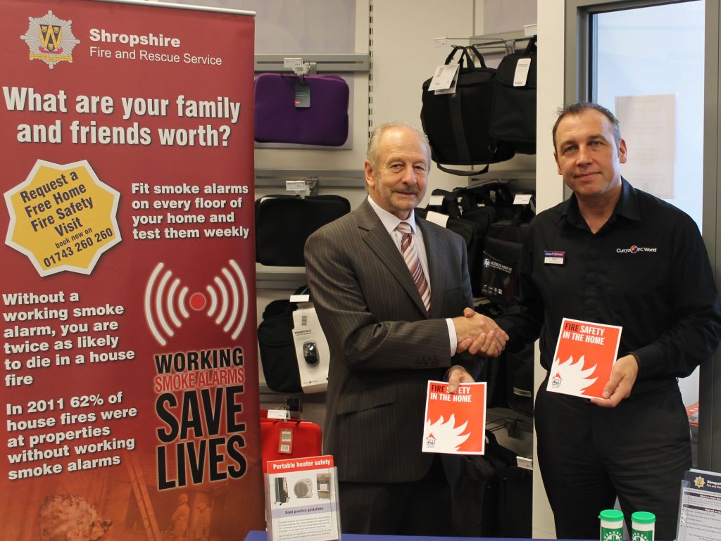 Shropshire and Wrekin Fire Authority Chairman Stuart West launches the electrical safety campaign with Shrewsbury store manager Mark Brennan.